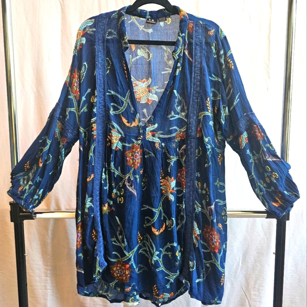 Alia Navy Blue Floral Tunic Top Bohemian 060
